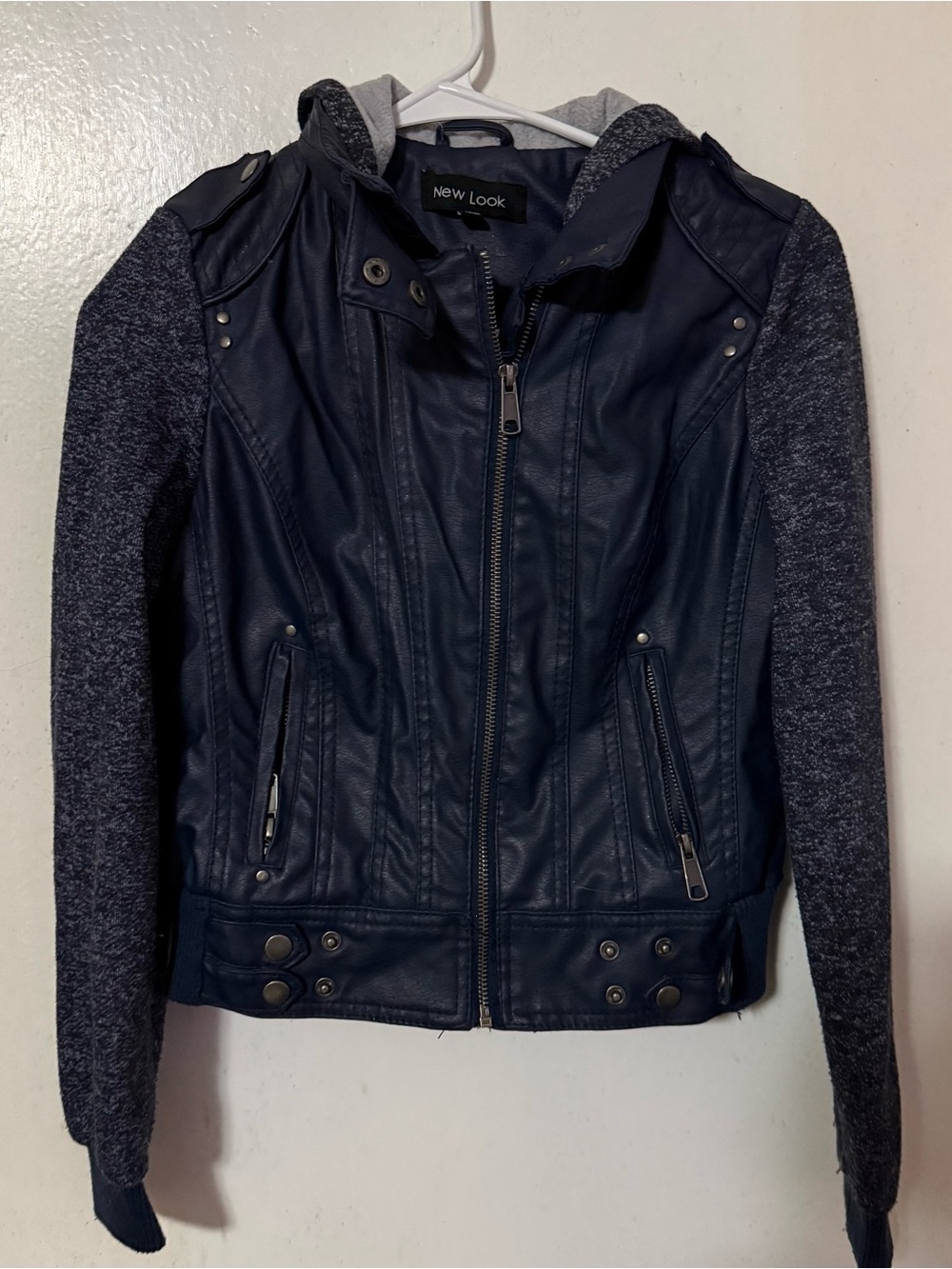 New Look Navy Faux Leather Jacket with Gray Knit Sleeves and Hood